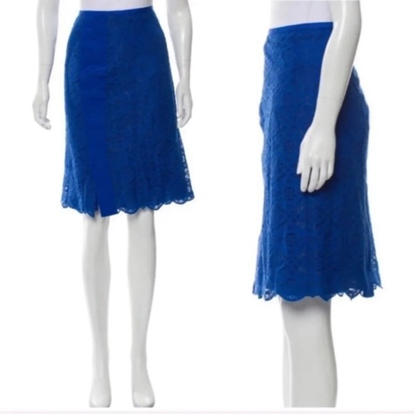 Magaschoni Electric Royal Blue Lace Silk Panel A-Line Midi Skirt Size 4 Small - Picture 6 of 6